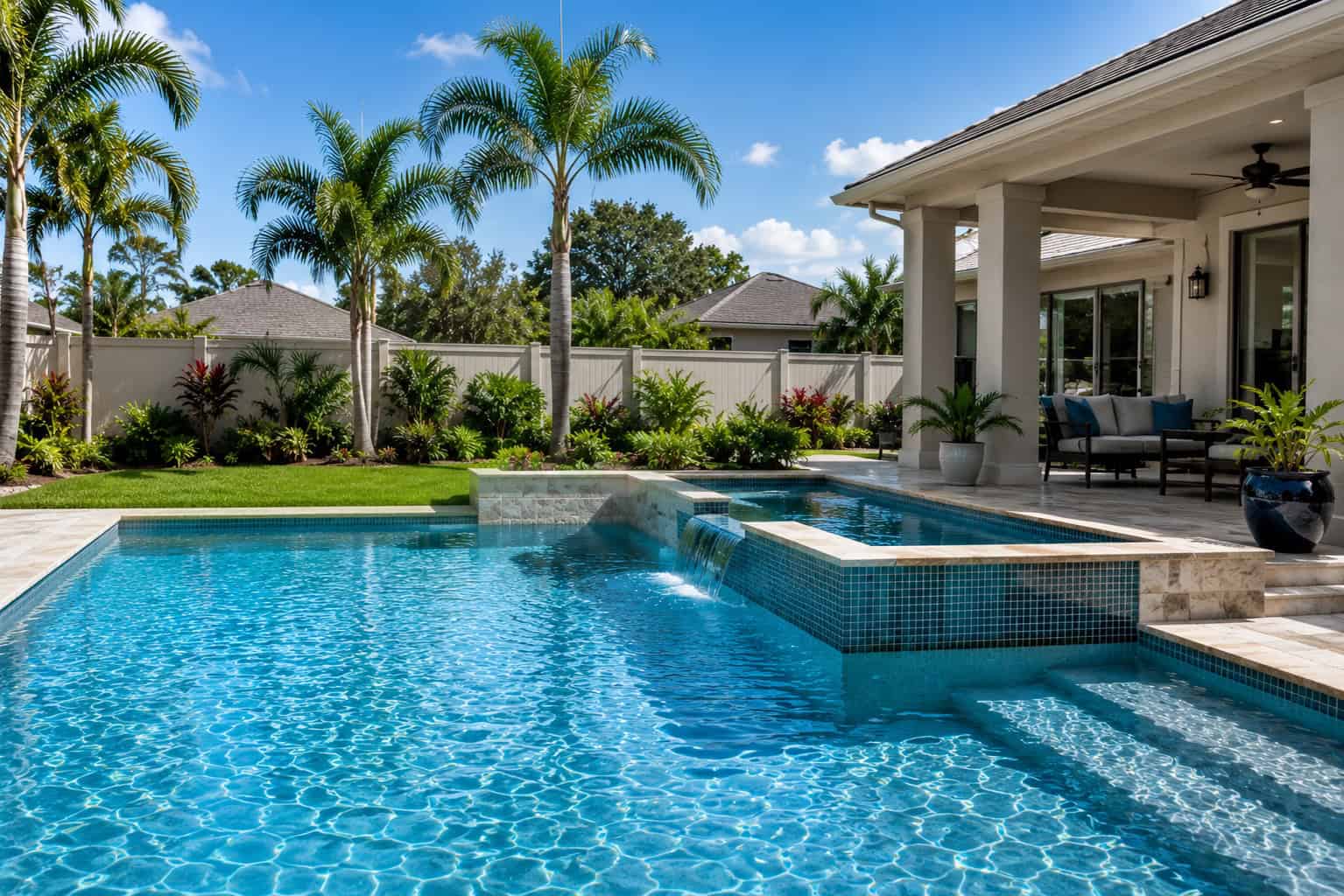 Premium residential backyard pool with waterfall and palm trees in Spring Hill, FL